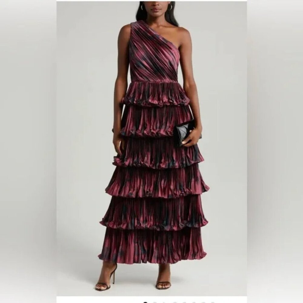 Hutch One-Shoulder Ruffled Dress in Pink and Black